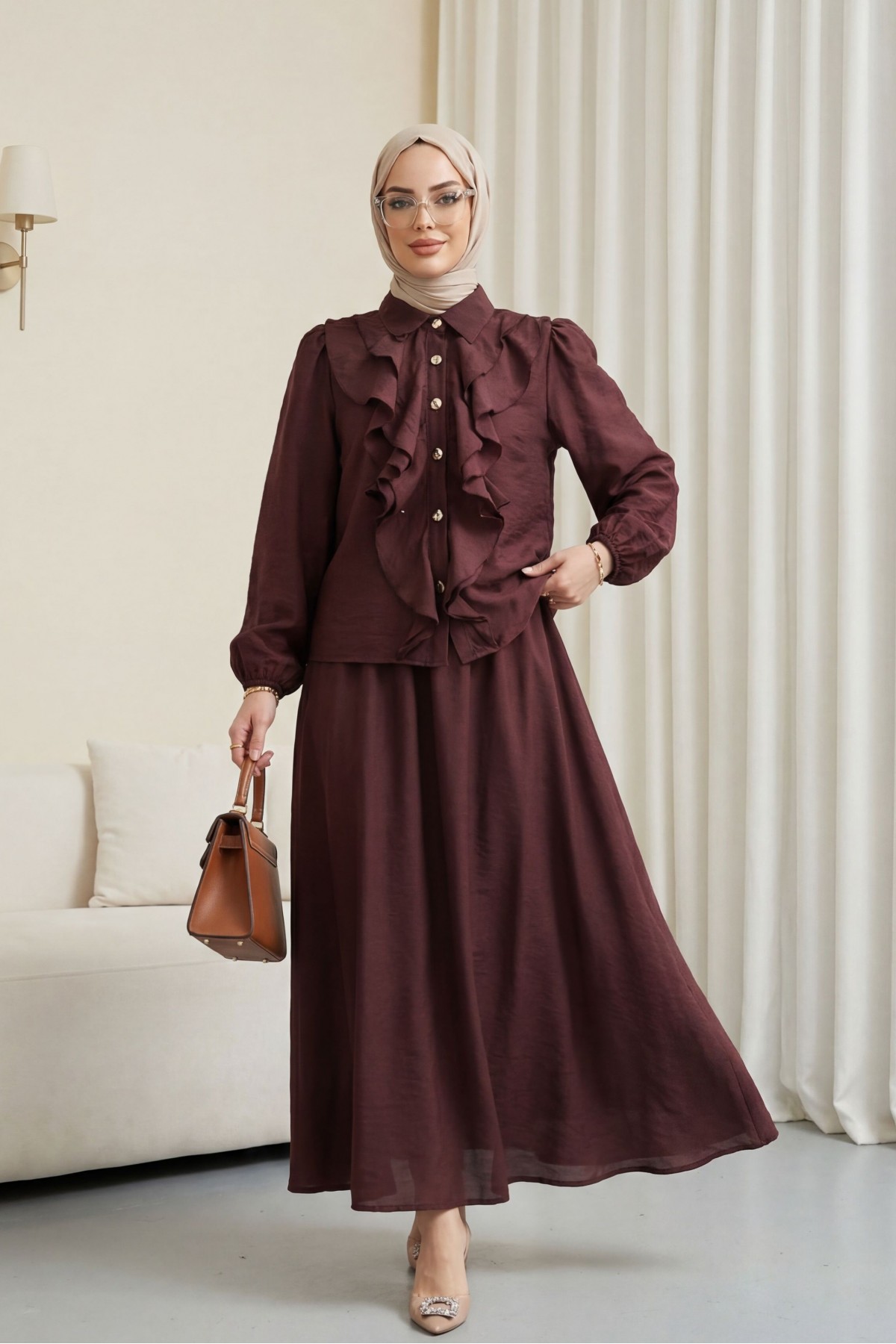 Önü Fırfırlı Kolu Lastikli Eteği Astarlı Çilek Takım  -Mürdüm