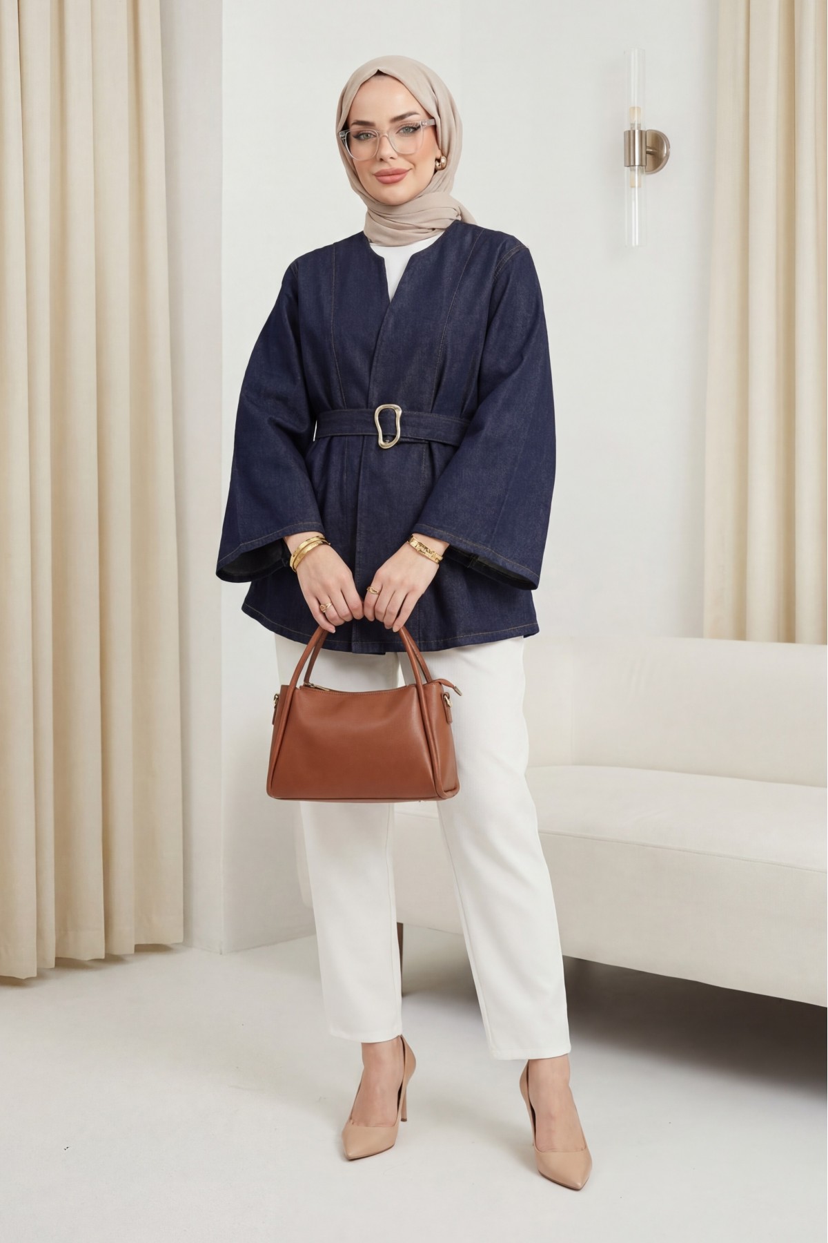 Gold Toka Detaylı Kemerli Kot Ceket -K.Laci