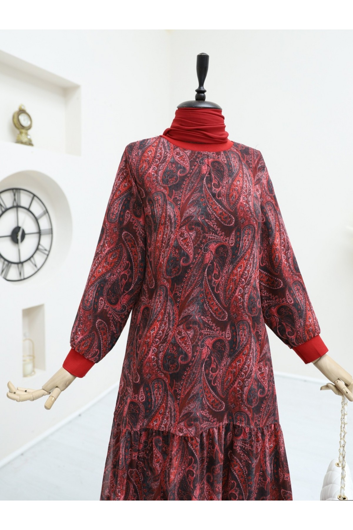 Etnik Desen Eteği Parçalı Astarlı Şifon Elbise   -Kırmızı