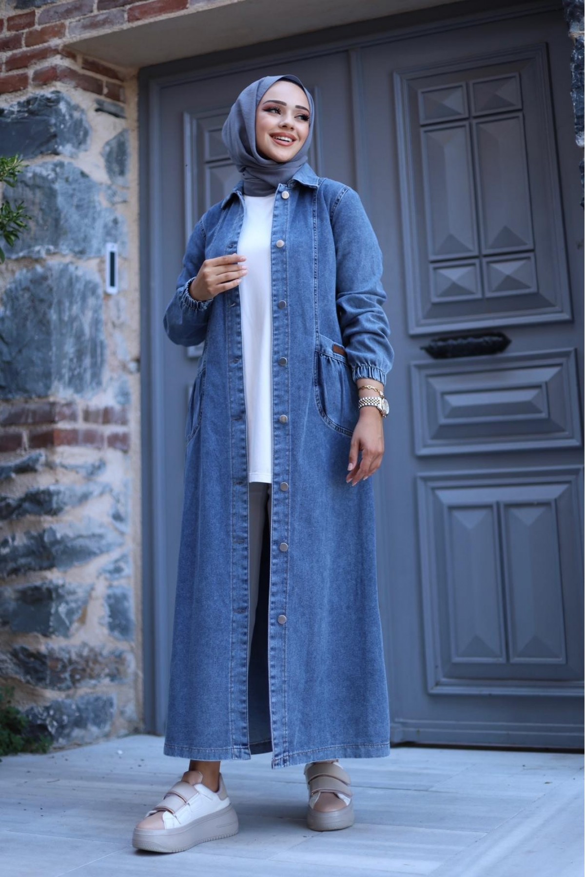 Torba Cepli Metal Düğmeli Uzun Kot Kap -Buz Mavi