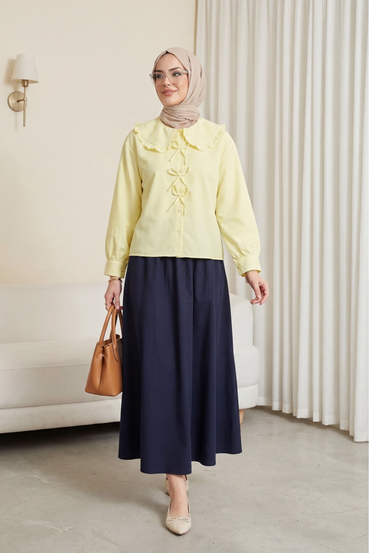 Bebe Yaka Kurdele Detaylı Gömlek     -Sarı