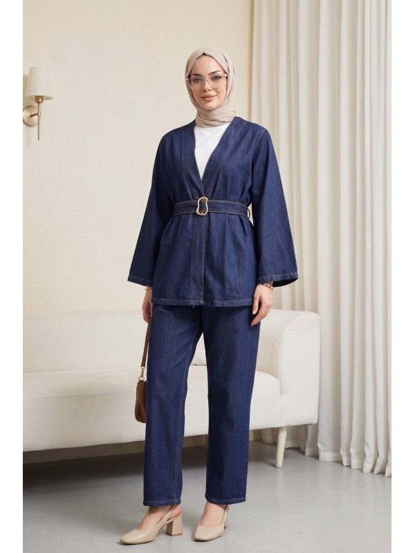 Beli Kemerli Pantolonlu Kot Kimono Takım -K.Laci