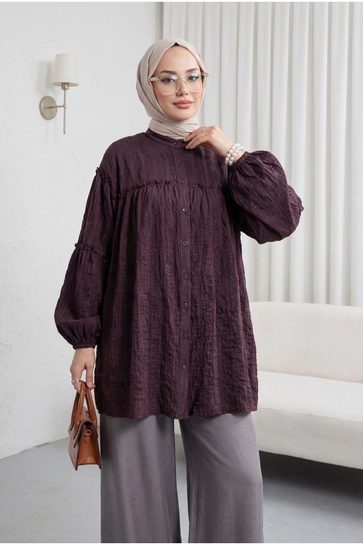 Dik Yaka Sim Çizgili Balon Kol Oversize Gofre Tunik -Mürdüm