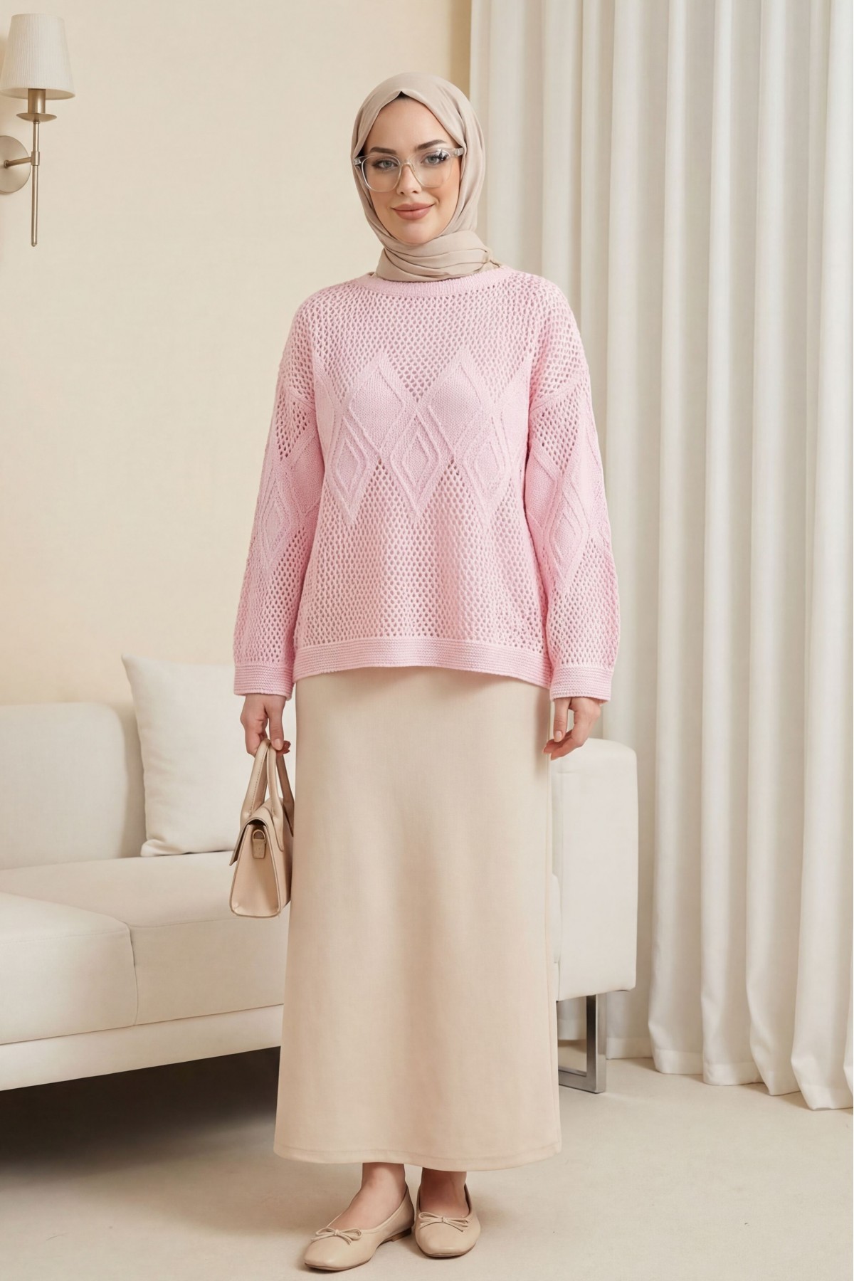 Önü Ve Kolları Desenli Ajurlu Triko Kazak -Pembe