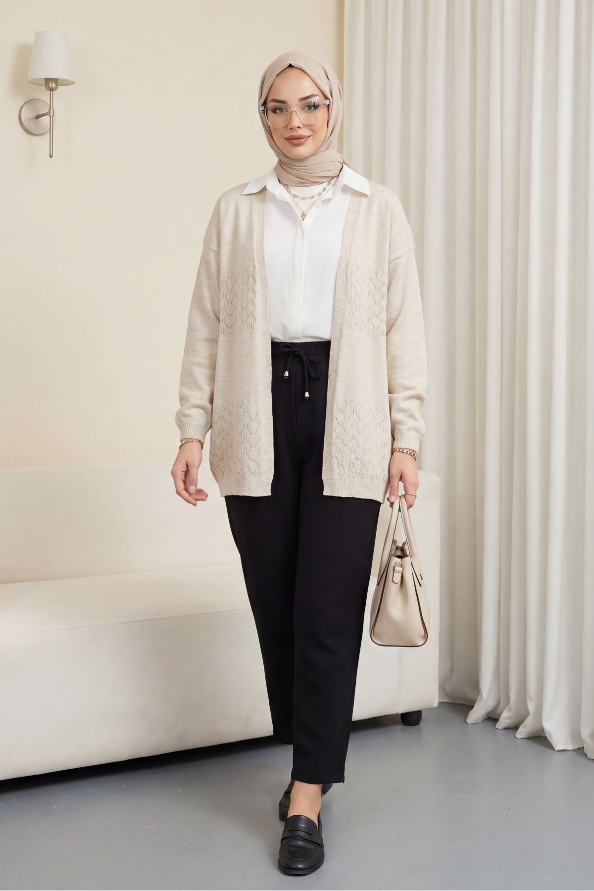 Araboy Ajurlu Triko Hırka -Taş