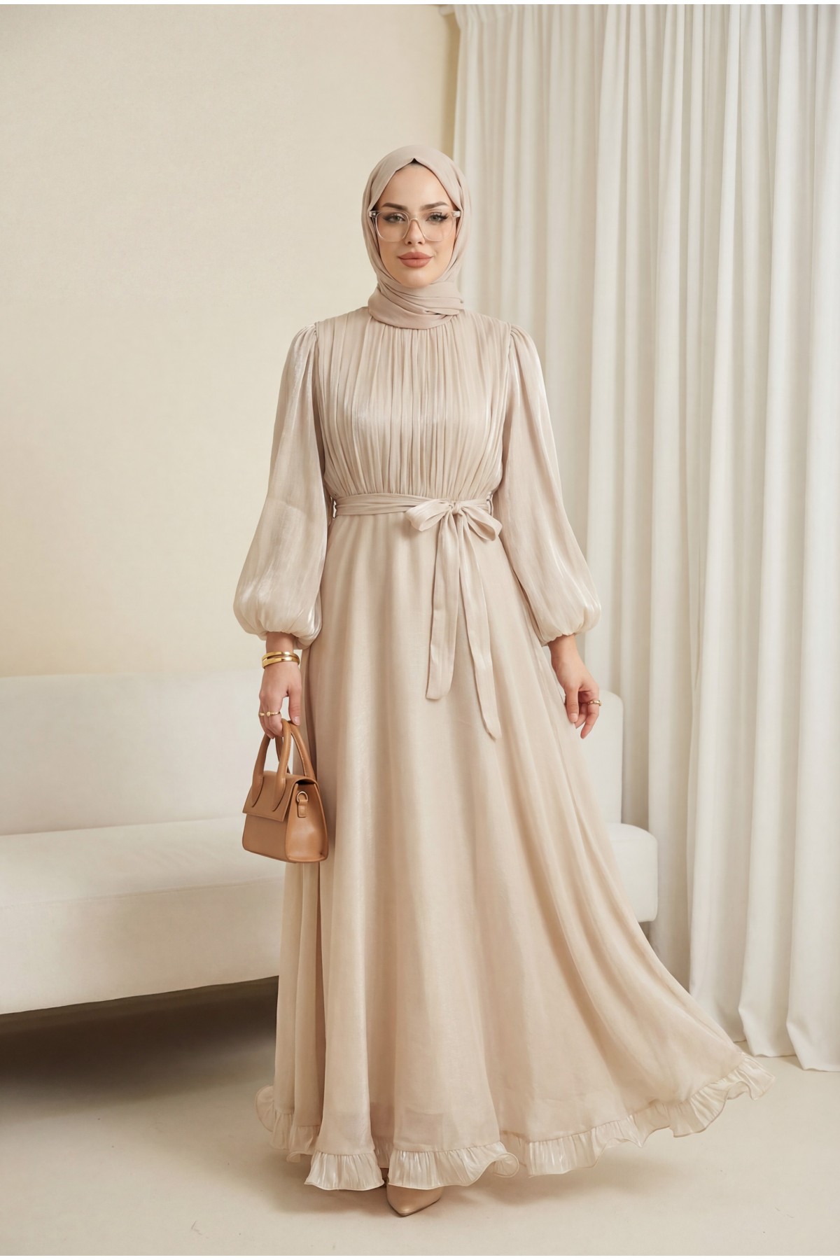 Eteği Volanlı Kemerli Janjan Şifon Elbise  -Bej