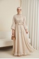 Eteği Volanlı Kemerli Janjan Şifon Elbise  -Bej