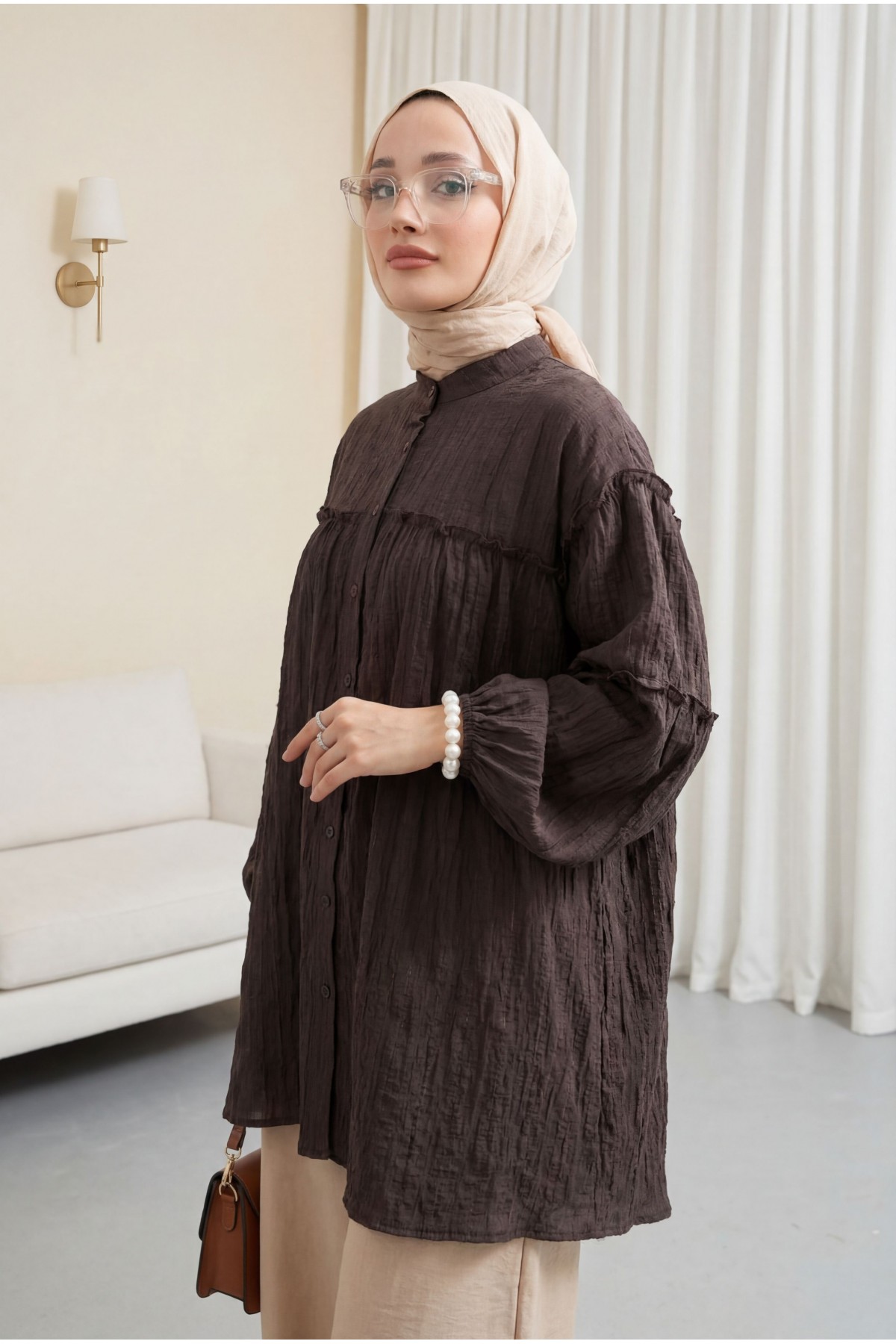 Dik Yaka Sim Çizgili Balon Kol Oversize Gofre Tunik -K. Kahve