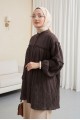 Dik Yaka Sim Çizgili Balon Kol Oversize Gofre Tunik -K. Kahve
