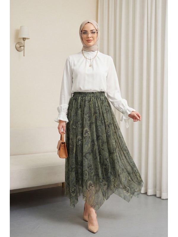 Beli Lastikli Desenli Astarlı Şifon Etek  -Yeşil