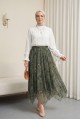 Beli Lastikli Desenli Astarlı Şifon Etek  -Yeşil
