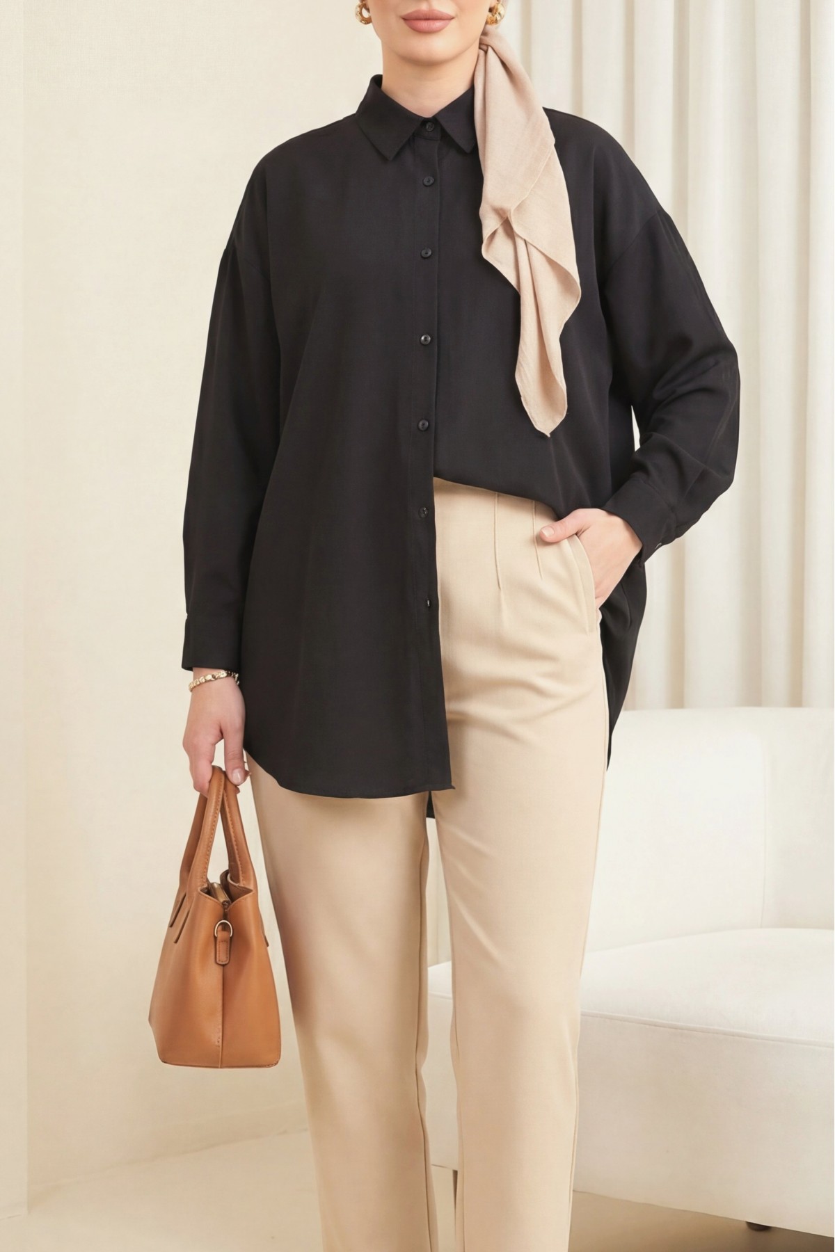 Düğmeli Salaş Viskon Gömlek -Siyah