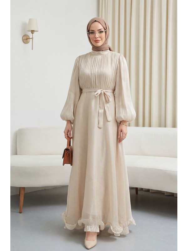 Eteği Volanlı Kemerli Janjan Şifon Elbise  -Bej