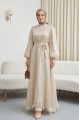 Eteği Volanlı Kemerli Janjan Şifon Elbise  -Bej