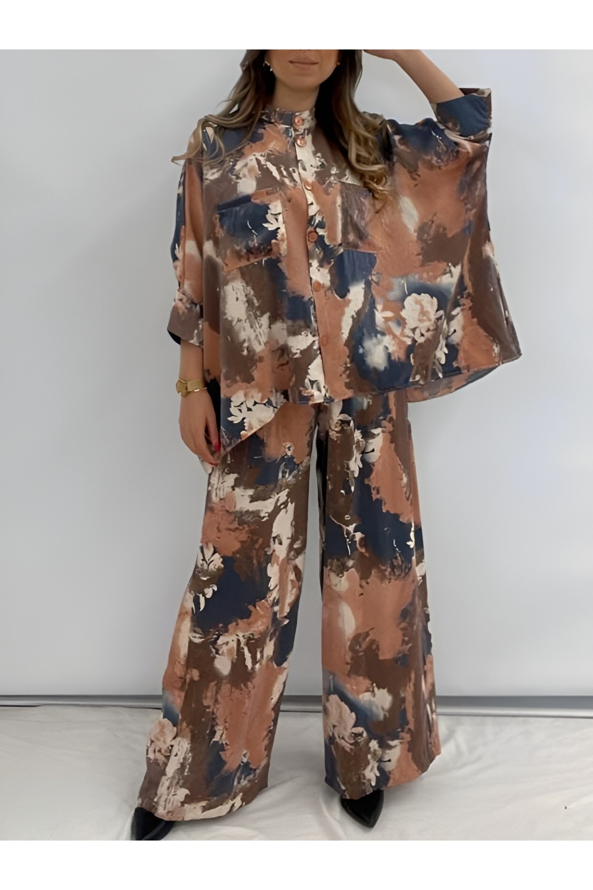 Batik Baskılı Mikro Simli Salaş Takım -Nar Çiçeği