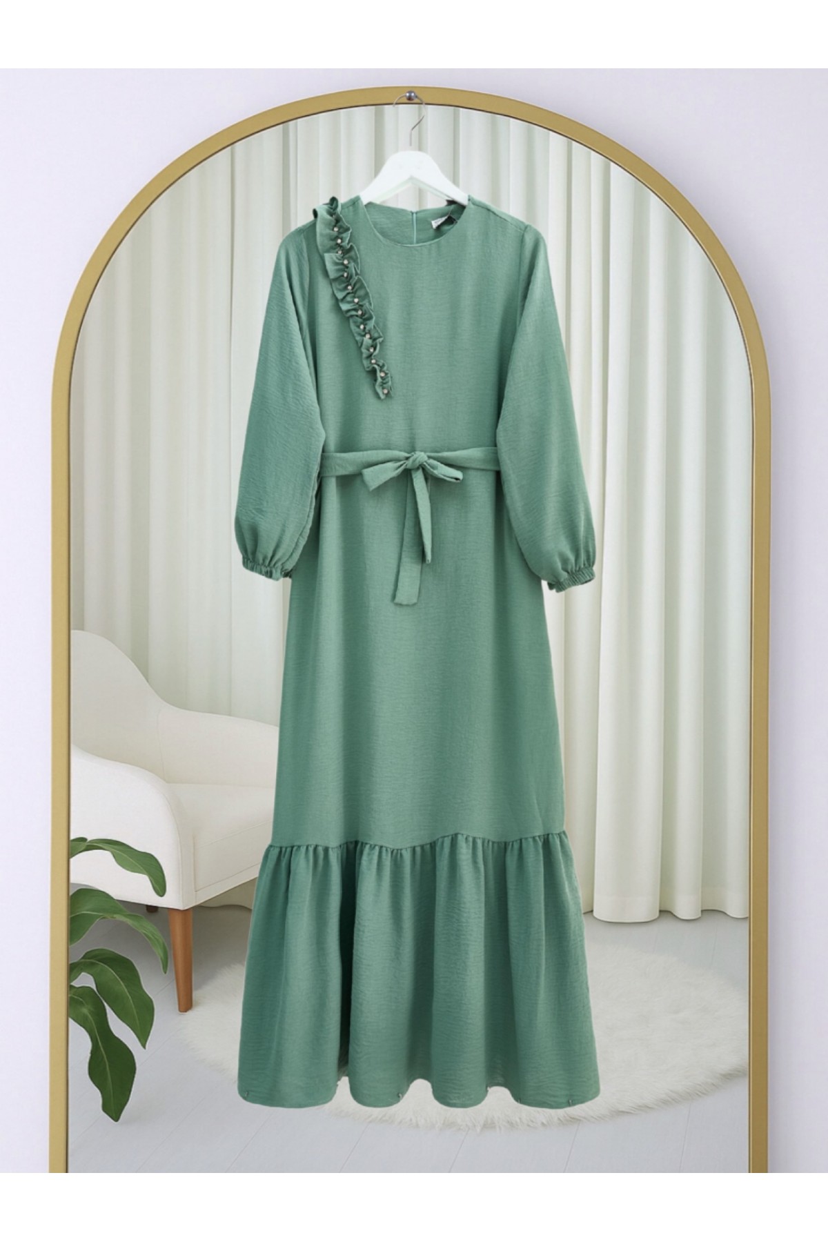 Fırfır Taş Detaylı Parça Eteklii Kemerli Ayrobin Elbise   -Haki