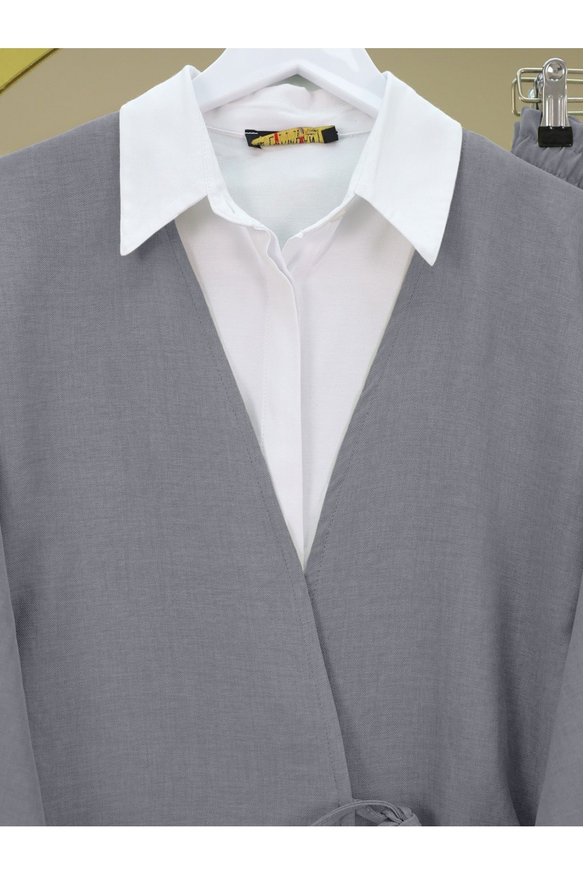 Önden Bağlamalı Pantolonlu Kimono Takım     -Koyu Gri