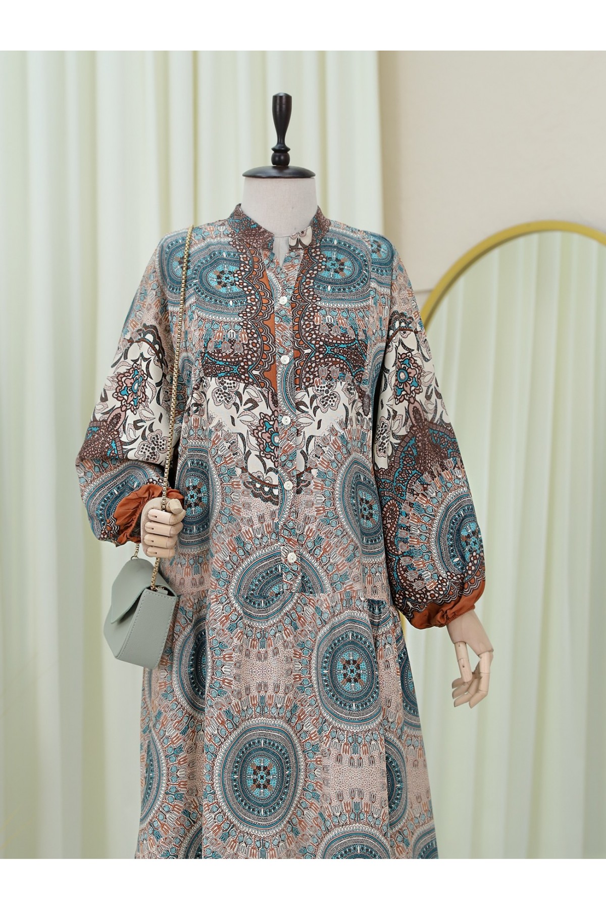 Dik Yaka Yarım Düğmeli Parçalı Elbise  -Açık Kahve