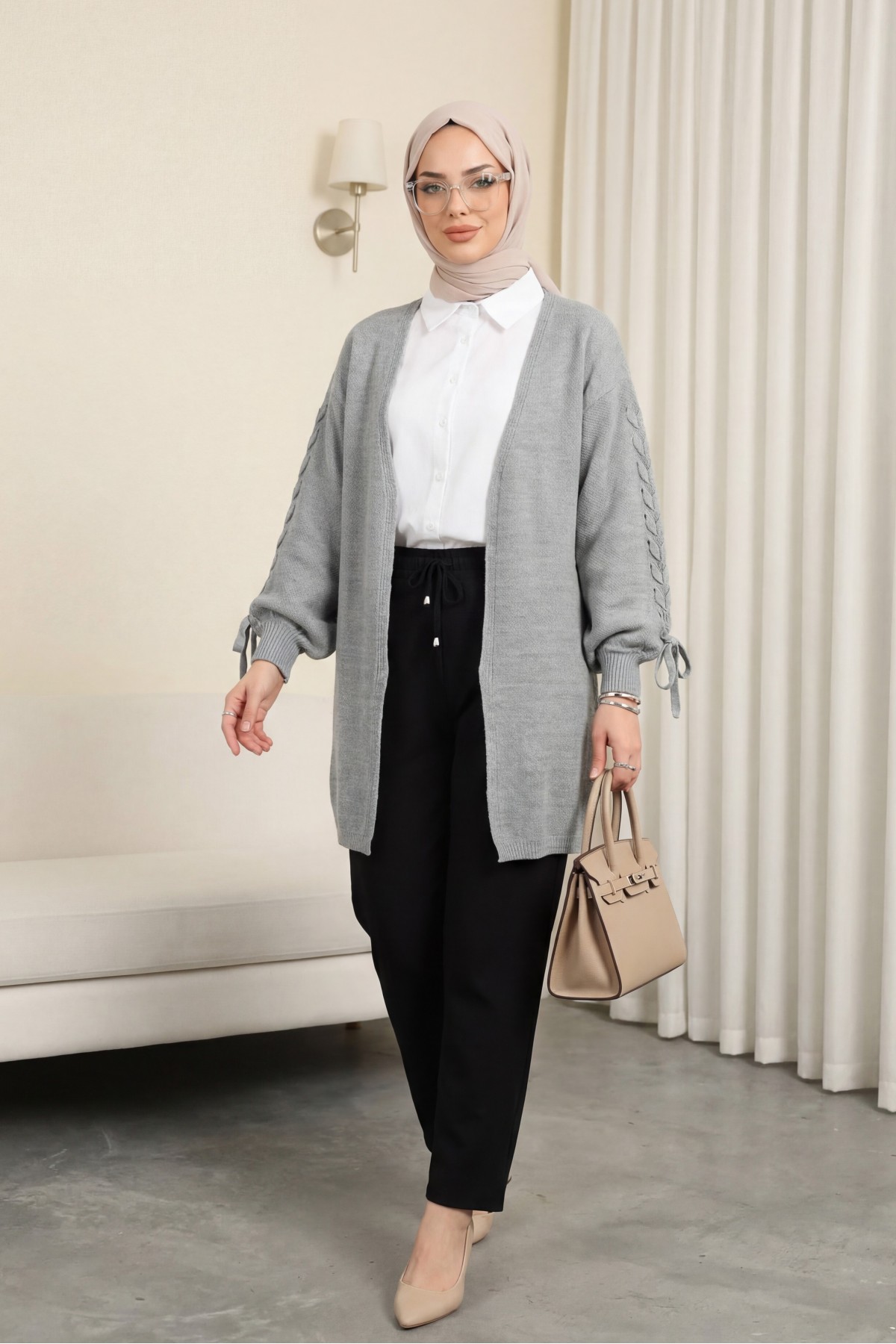 Kolu Saç Örgülü Salaş Triko Hırka -Gri