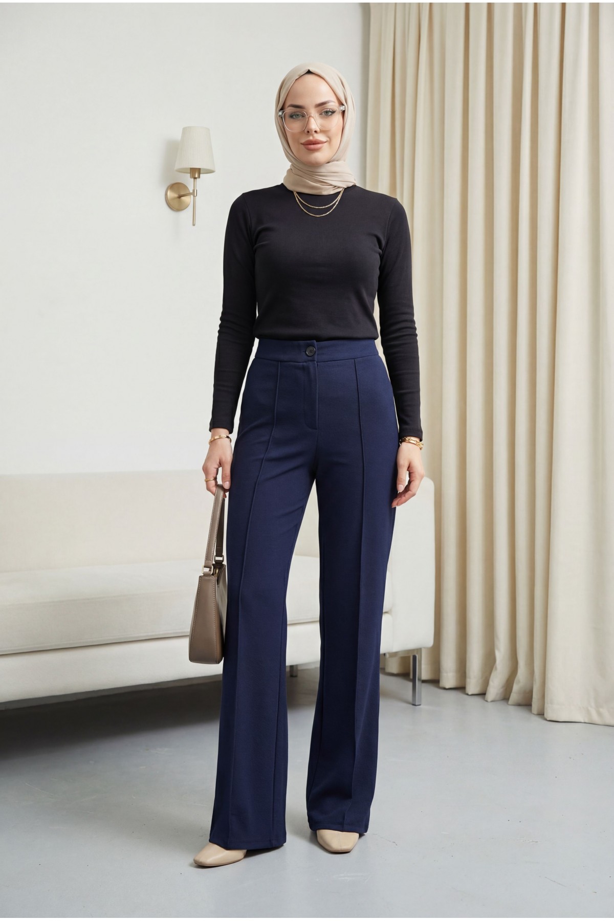 Düğmeli Beli Lastikli Likralı Palazzo Pantolon  -Laci