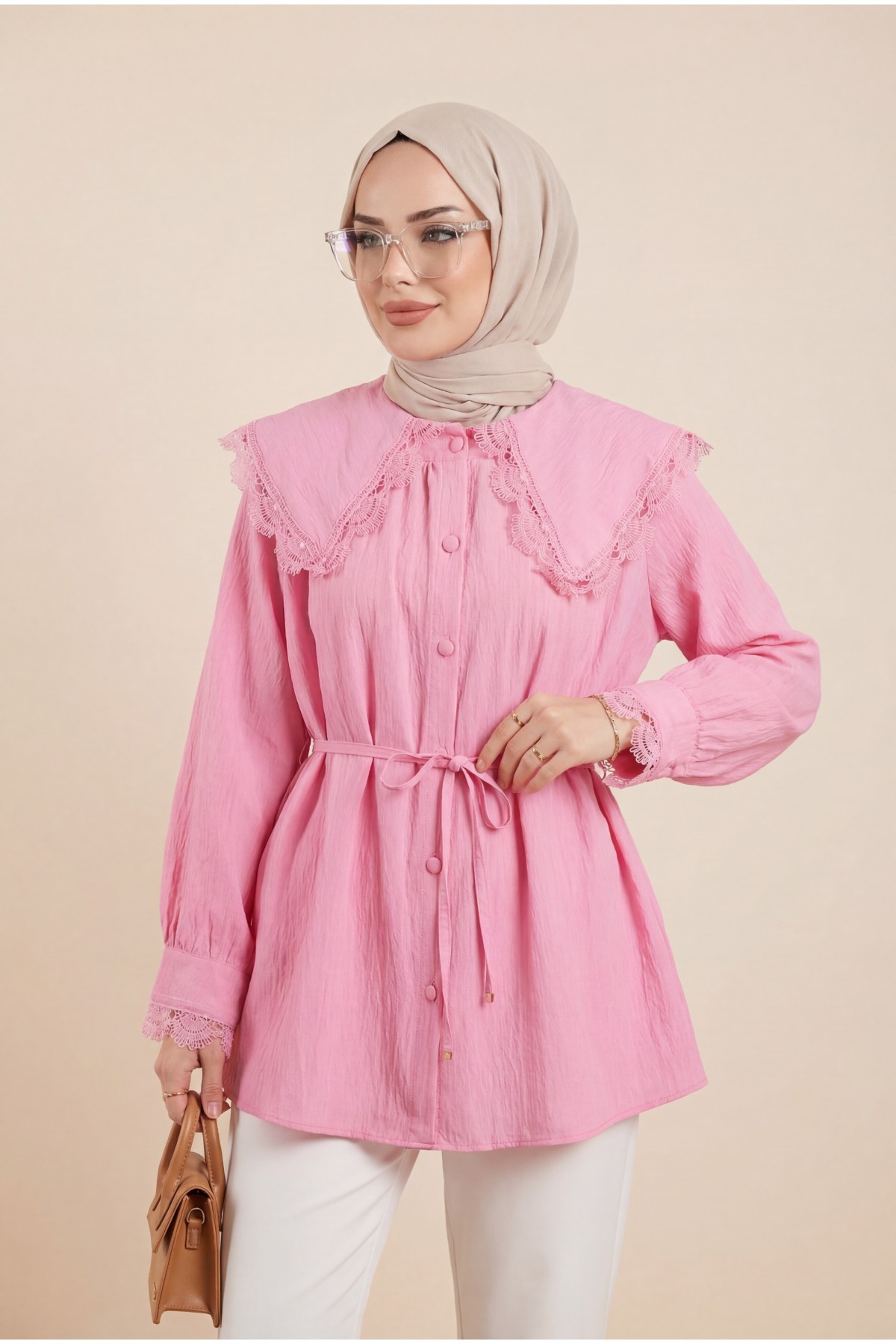 Bebe Yaka Fistolu Beli Bağcıklı Modal Tunik -Pembe