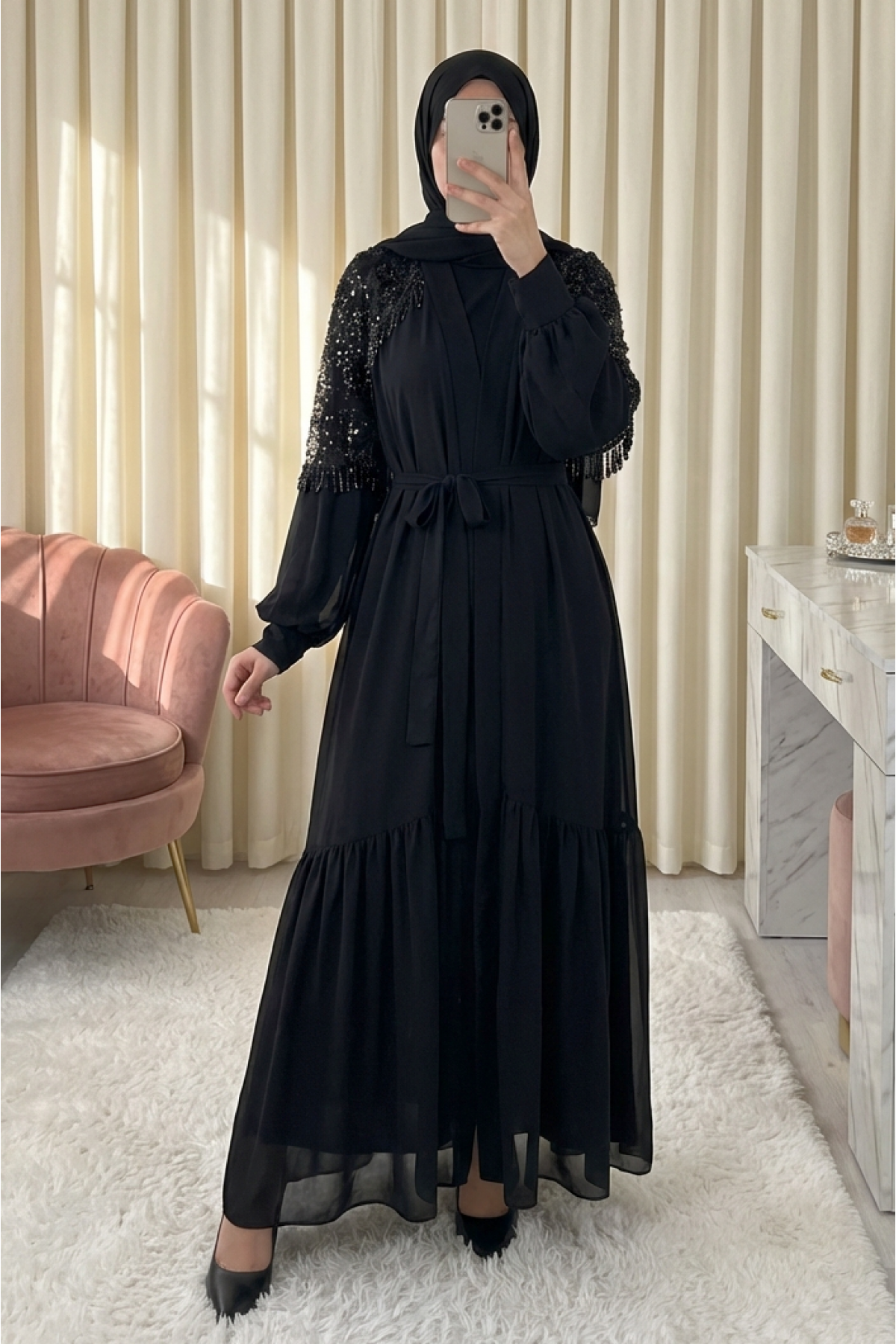 Kesme Boncuklu Kemerli İkili Abaya Takım -Siyah