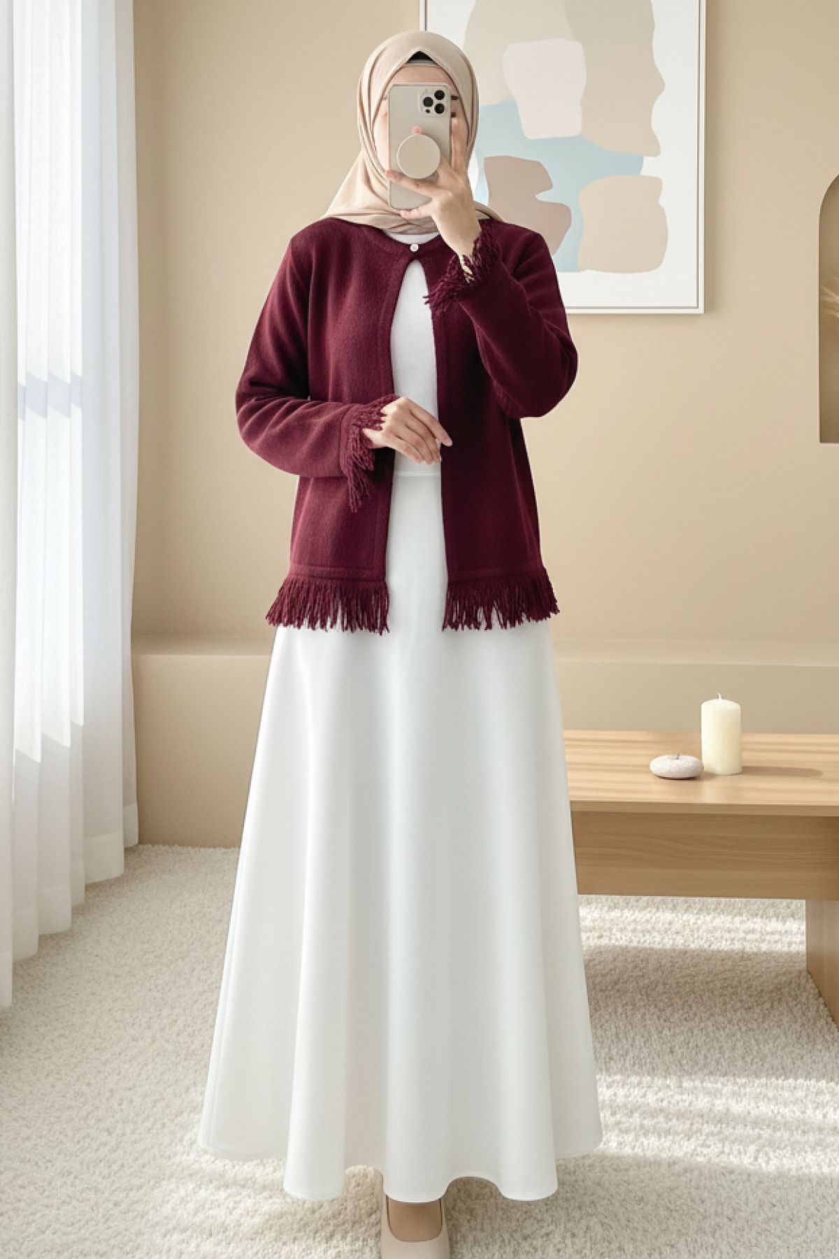 Tek Düğmeli Saçaklı Yumoş Triko Hırka   -Bordo