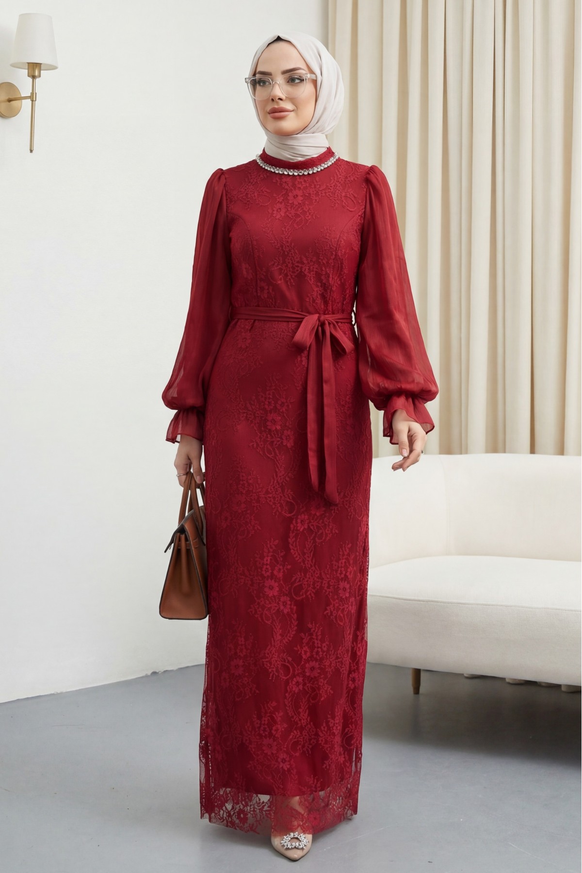 Dik Yaka Kolları Janjan Şifon Kemerli Dantel Elbise -Bordo