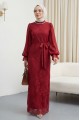 Dik Yaka Kolları Janjan Şifon Kemerli Dantel Elbise -Bordo