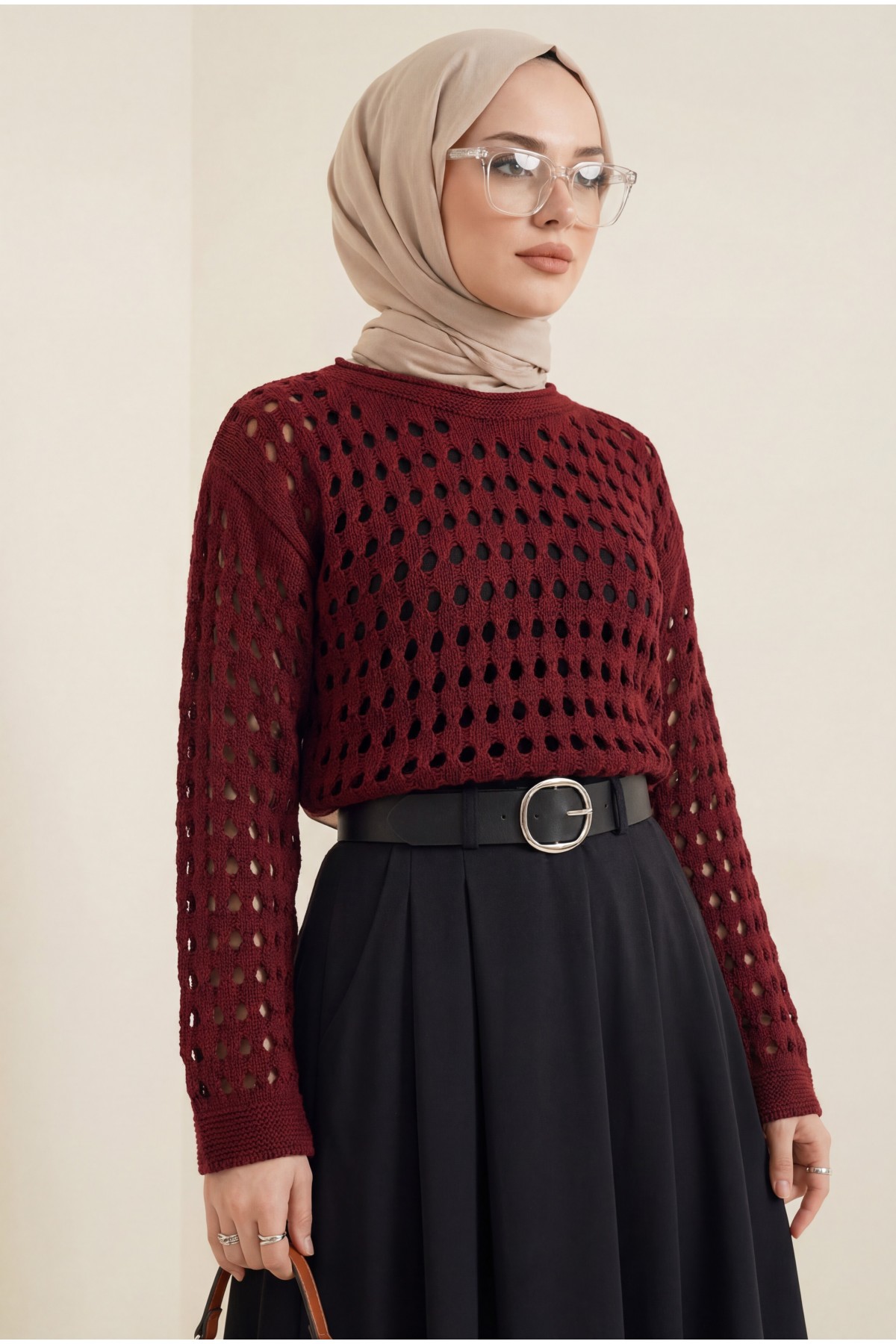 Kayık Yaka Ajurlu Triko Kazak -Bordo