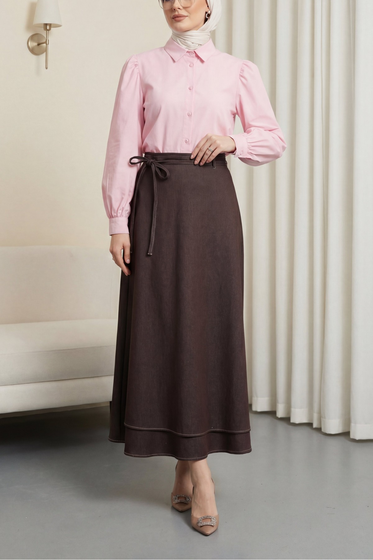 Balon Kol Düğmeli Kısa Poplin Gömlek -Pembe