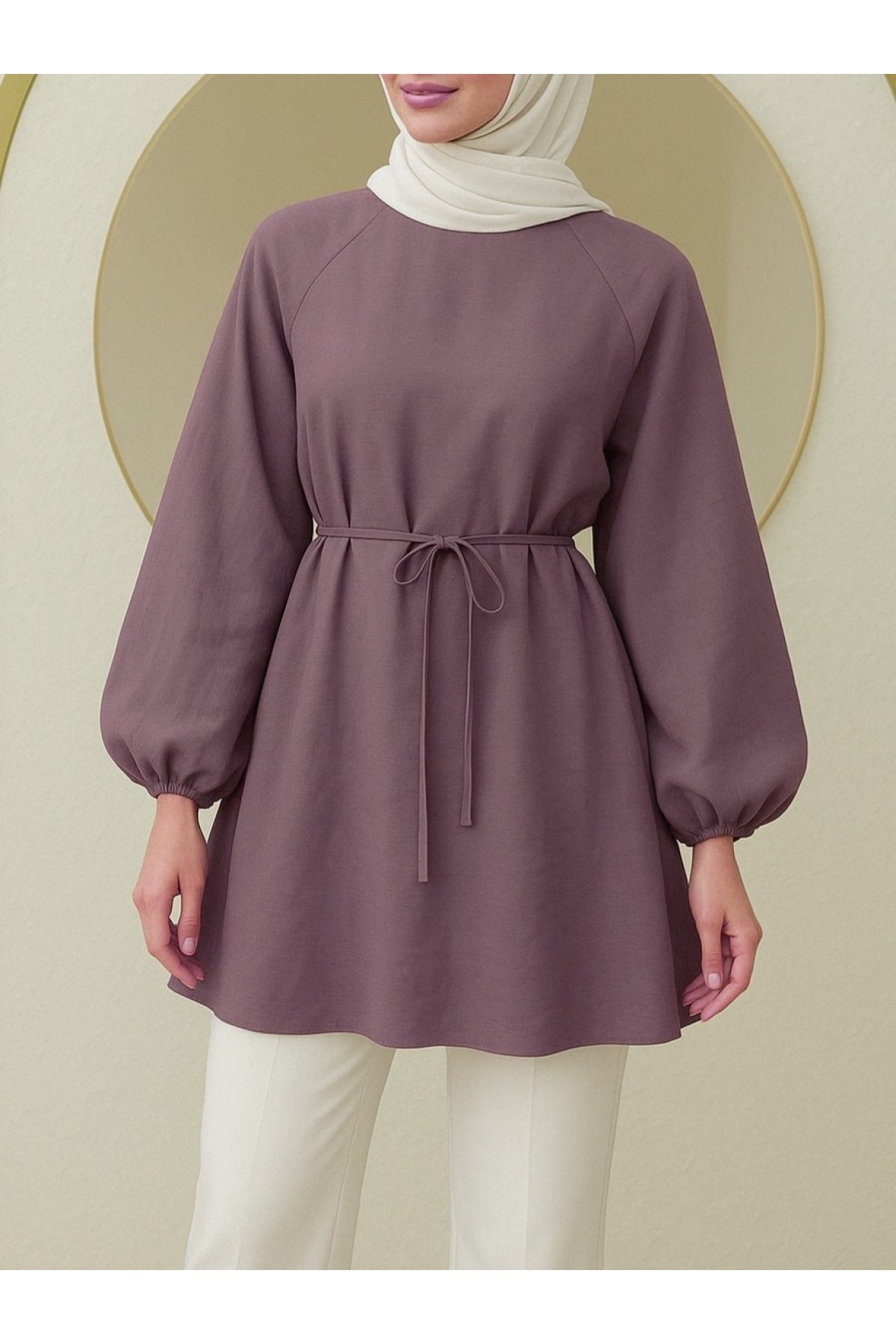 Yuvarlak Yaka Beli Bağcıklı Balon Kol Tunik  -Vişne