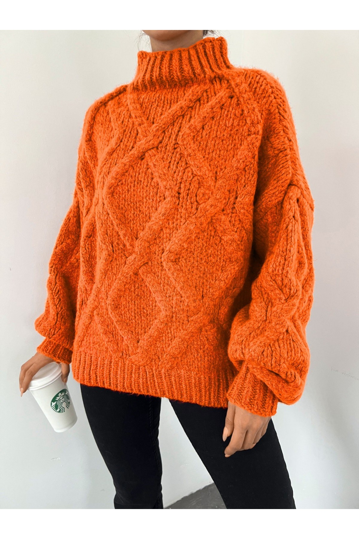 Yarım Boğazlı Balon Kol Kışlık Kazak -Turuncu