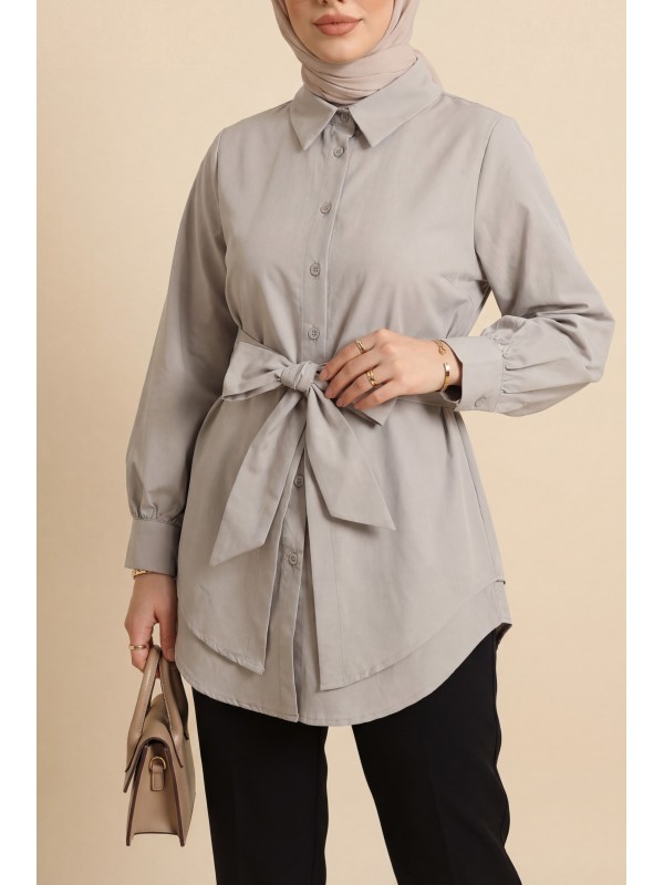 Kendinden Kuşaklı Poplin Tunik -Taş
