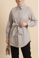 Kendinden Kuşaklı Poplin Tunik -Taş