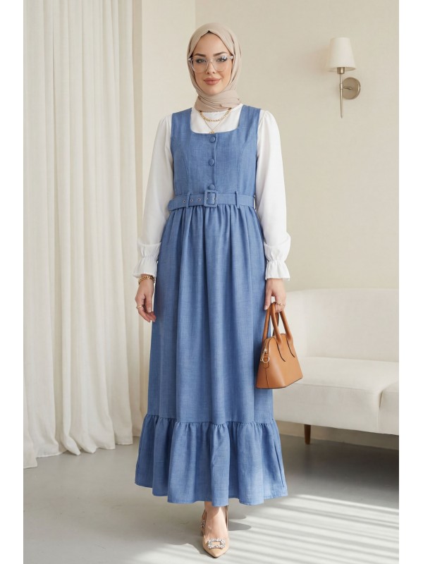 Top Düğmeli Altı Fırfırlı Beli Kemerli  Jile Elbise   -İndigo