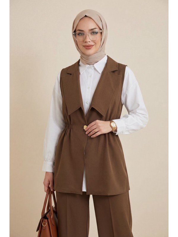 Kruvaze Yaka Beli Lastikli Yelek Pantolon Modal Takım -Kahve