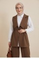 Kruvaze Yaka Beli Lastikli Yelek Pantolon Modal Takım -Kahve