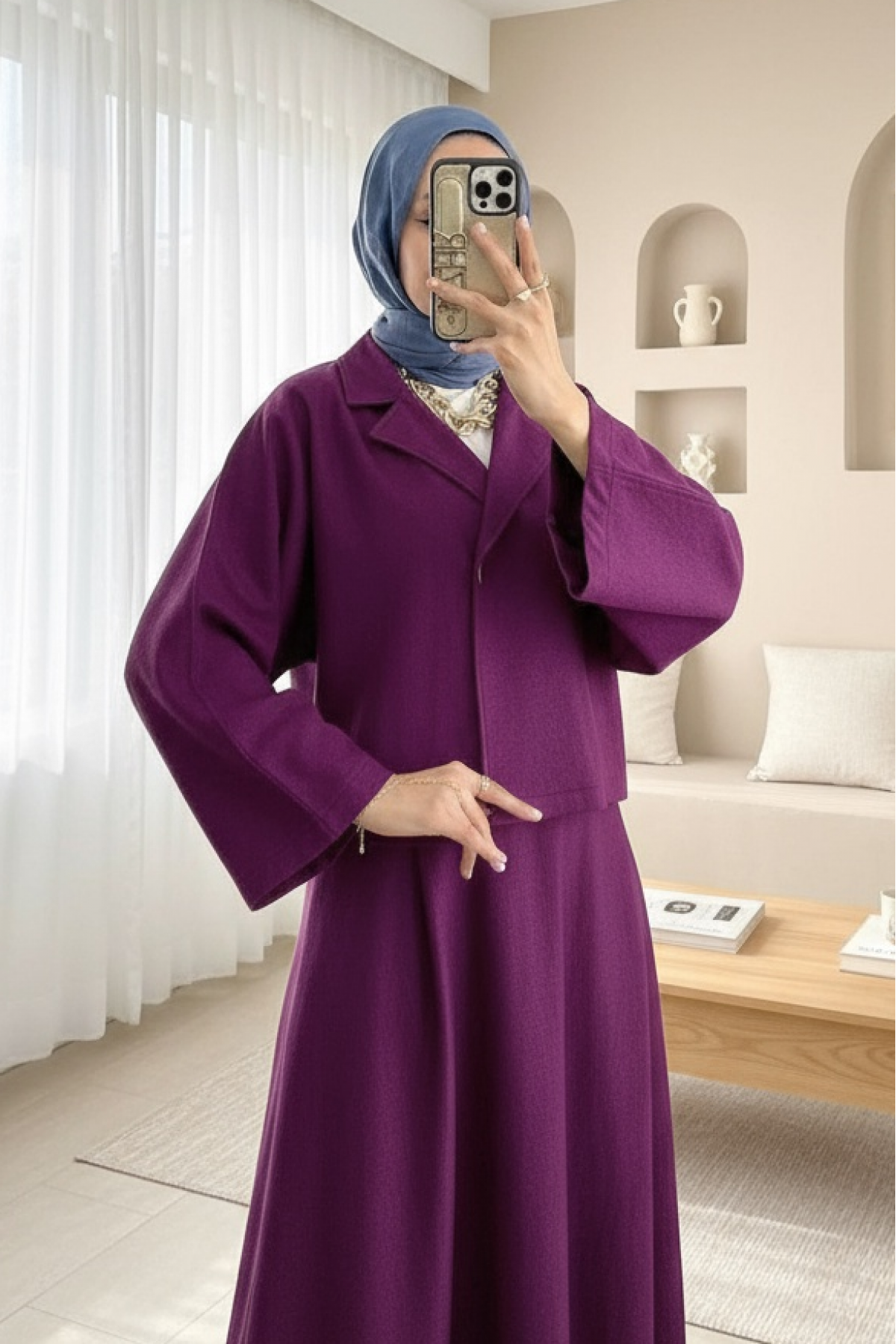 Tek Düğmeli Etekli Keçe Takım -Mürdüm