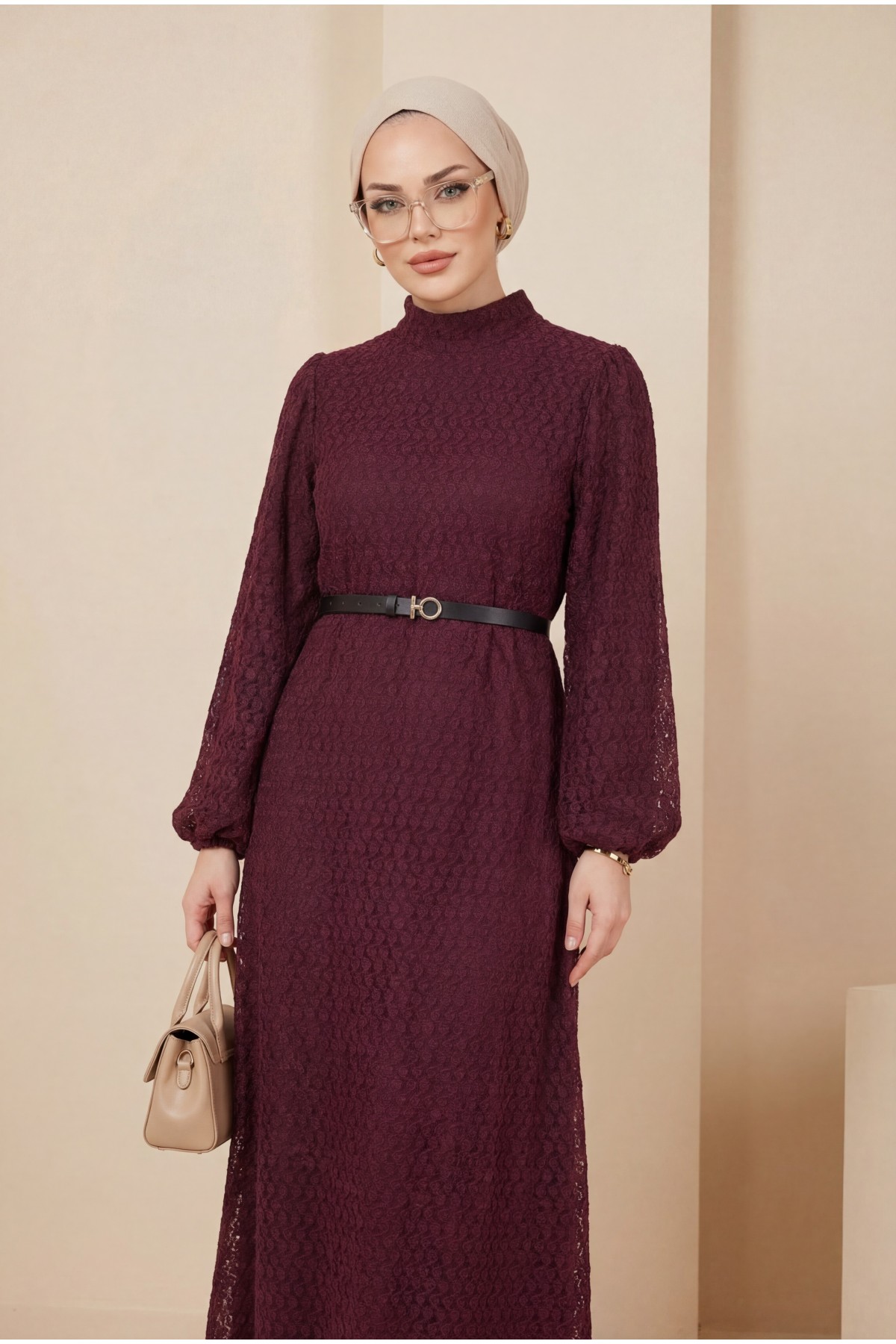 Hakim Yaka Balon Kol Kemerli Astarlı Dantel Elbise -Mürdüm