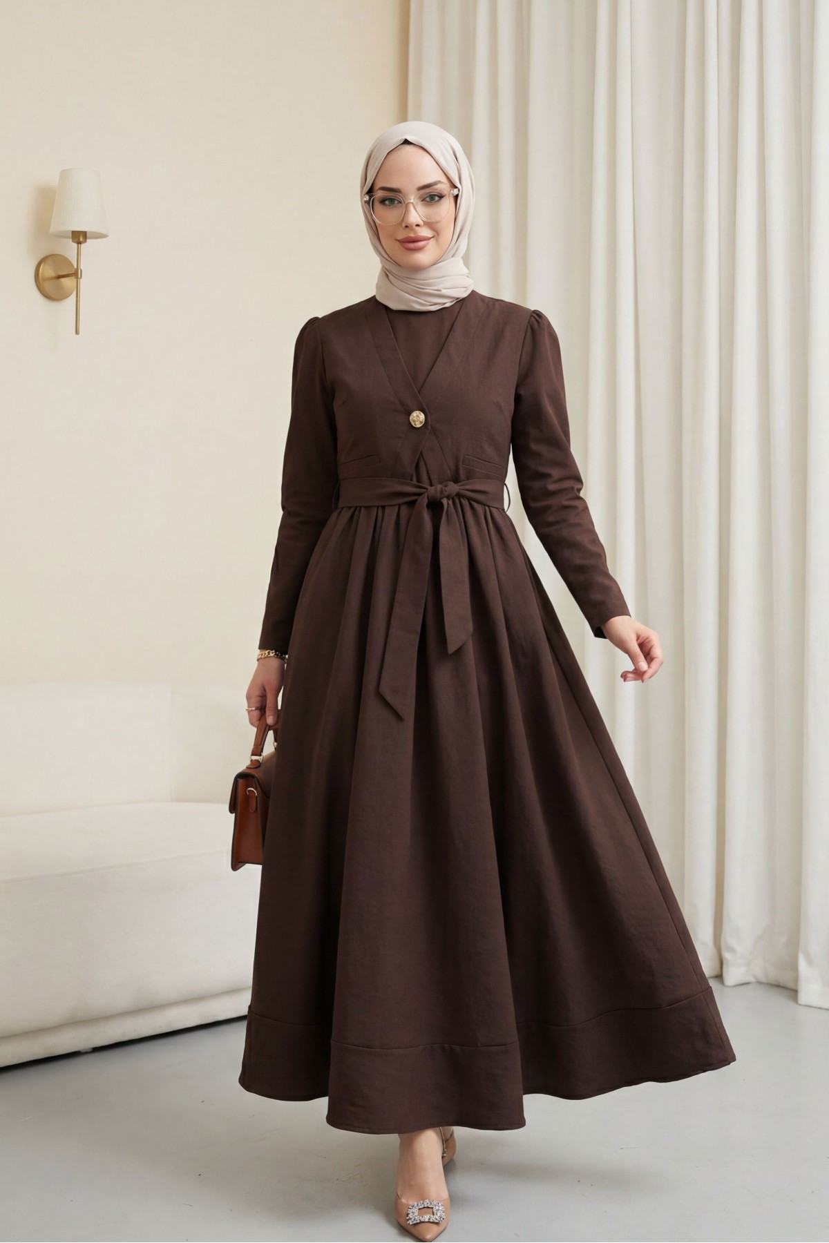 Beli Bağlamalı Lastikli Yelek Detaylı Cupra Elbise -Kahve