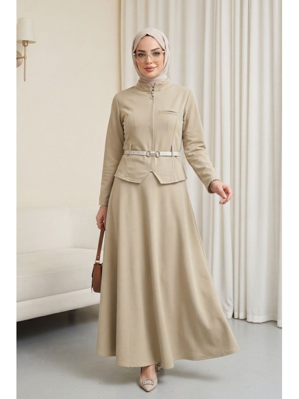 Önü Fermuarlı Cep Detaylı Beli Kemerli Etekli Diagonal Takım -Taş