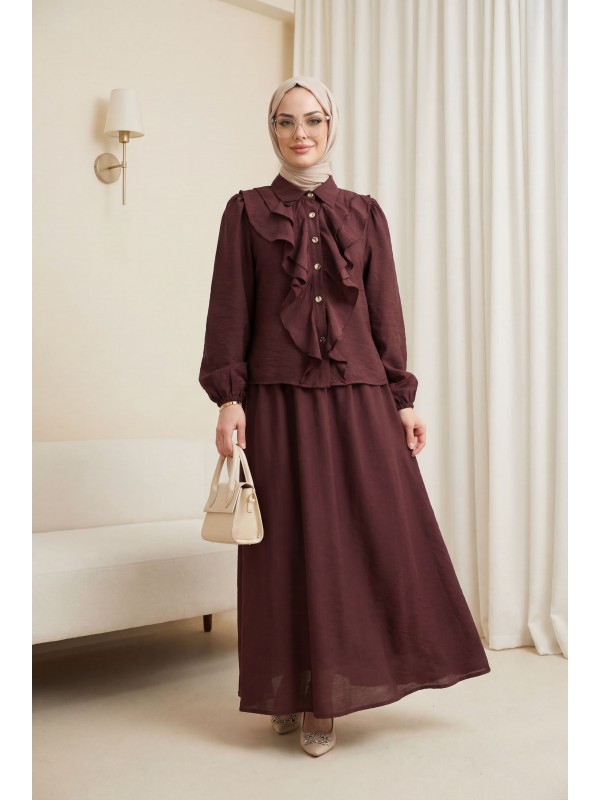 Önü Fırfırlı Kolu Lastikli Eteği Astarlı Çilek Takım  -Mürdüm