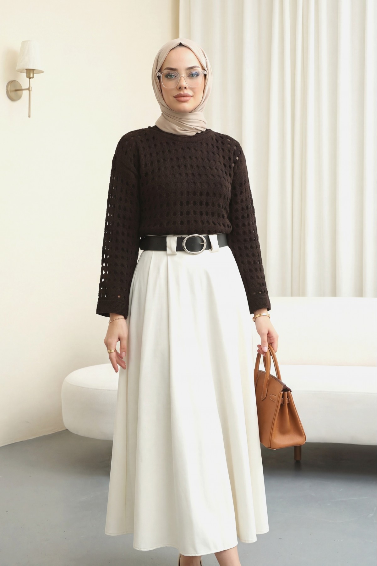 Kayık Yaka Ajurlu Triko Kazak -K. Kahve