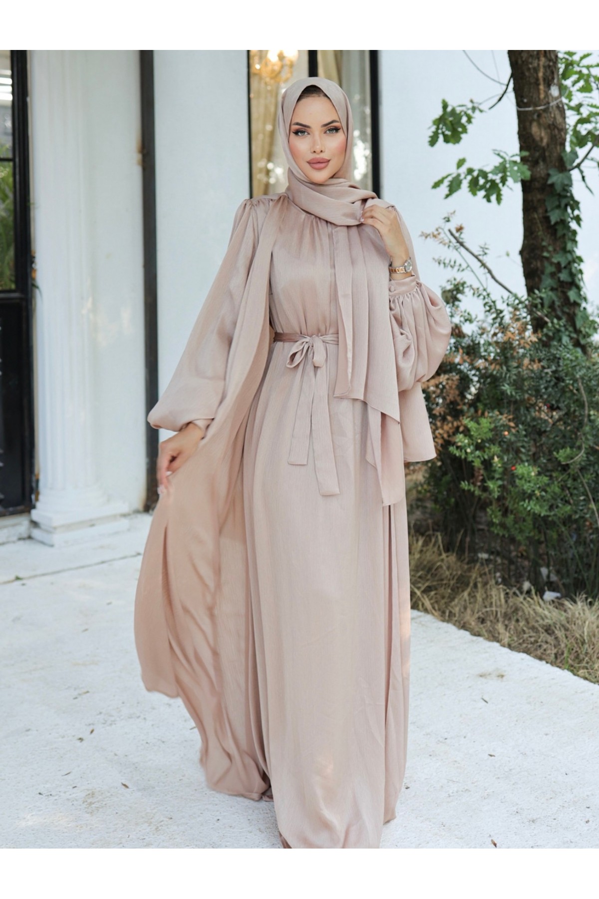 Krinkıl İpek Saten 3'lü Abaya Takım -Bej