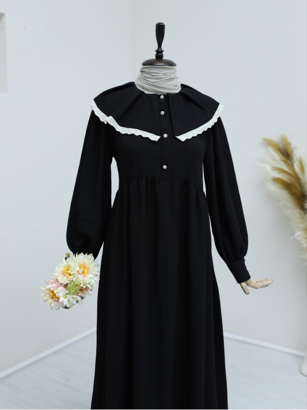 Önlük Yaka Büzgülü Yarım Düğme Keten Elbise  -Siyah