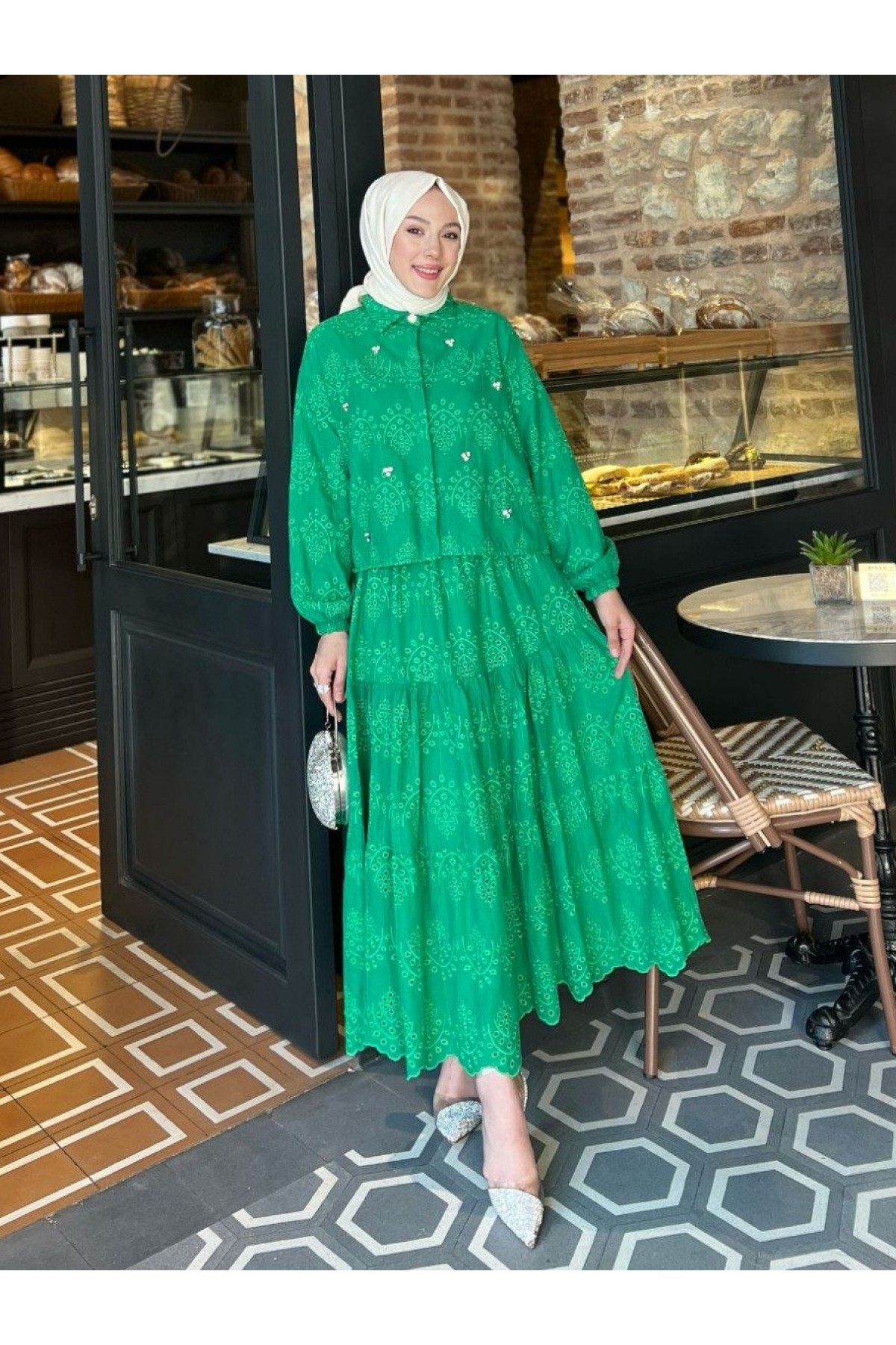 Fisto Detaylı Etekli Takım  -Yeşil