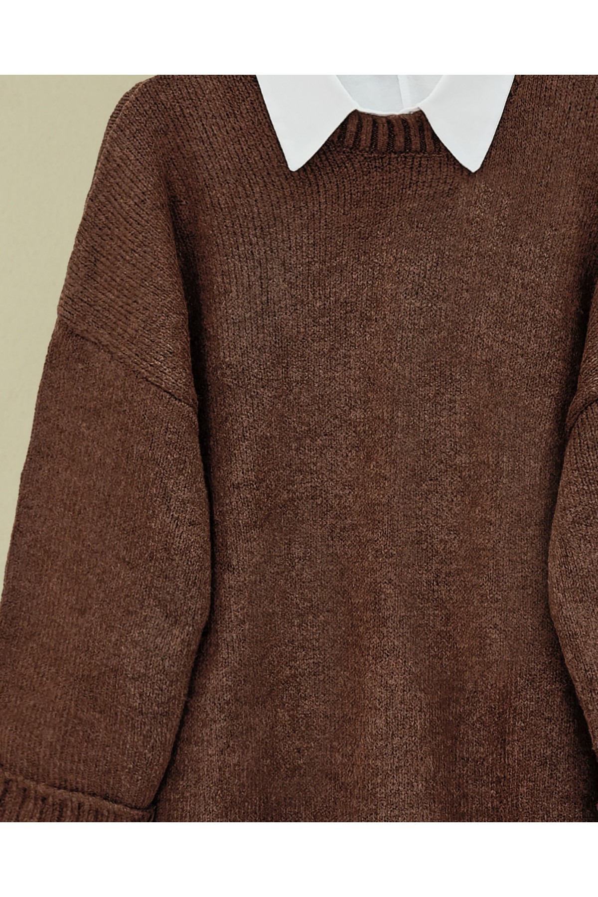 Bisiklet Yaka Eteği Fitilli Salaş Triko Kazak      -Kahve