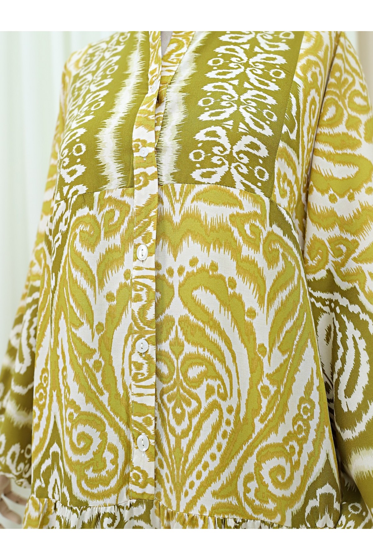 Yarım Düğmeli Dik Yaka Parçalı Elbise -Hardal