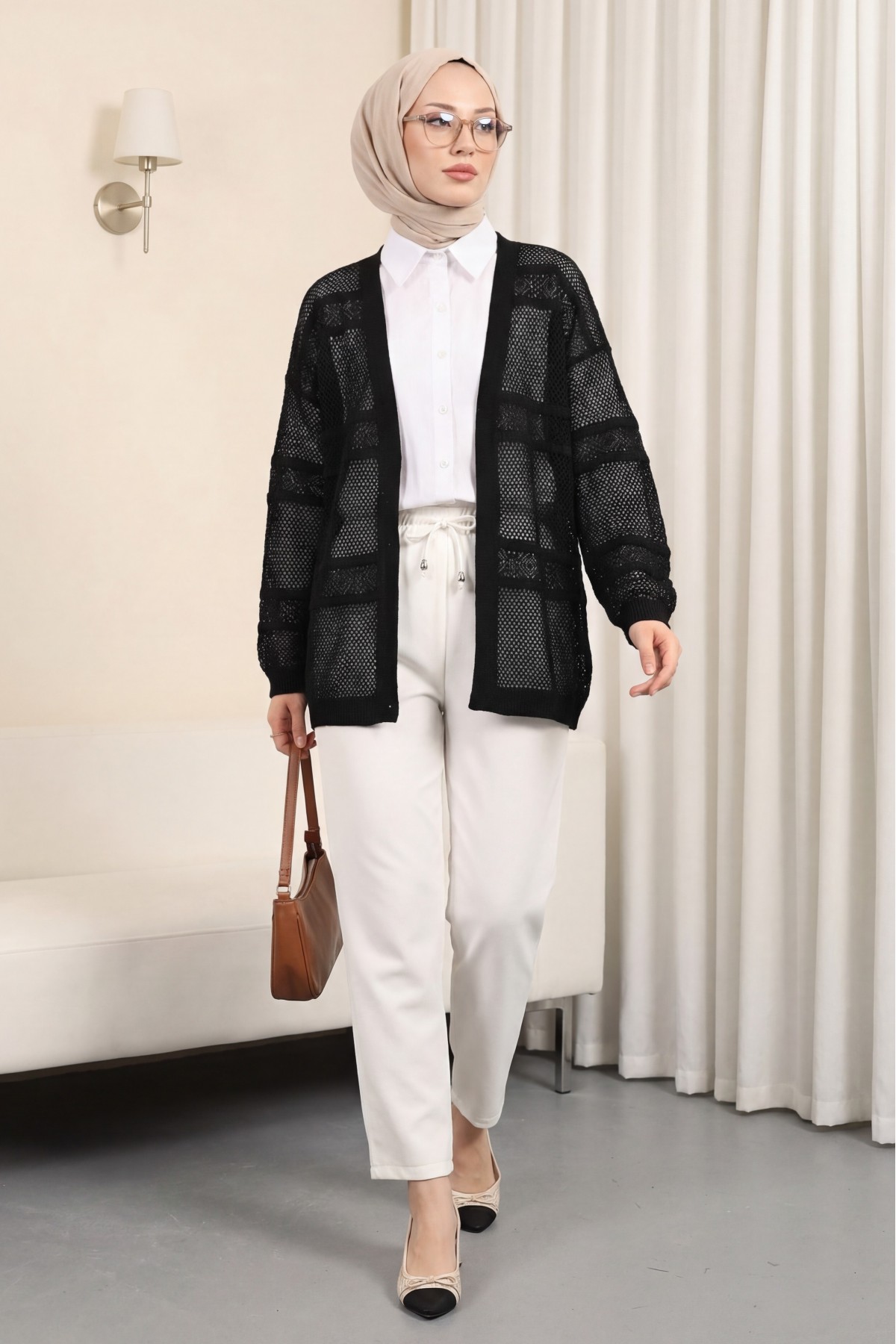 Desenli Ajurlu Triko Hırka -Siyah